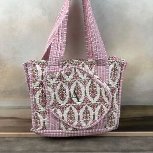 Mark & Graham Block Print Quilted Pickleball Tote Bag Pink Multi Monogrammed “A”